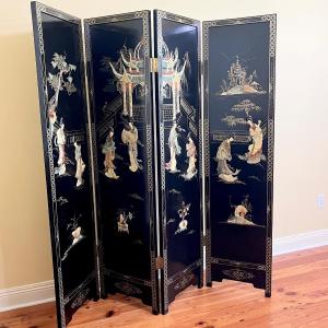 Photo of Oriental Four Panel Black Lacquer Mother of Pearl Embossed Embellished Inlaid Sc