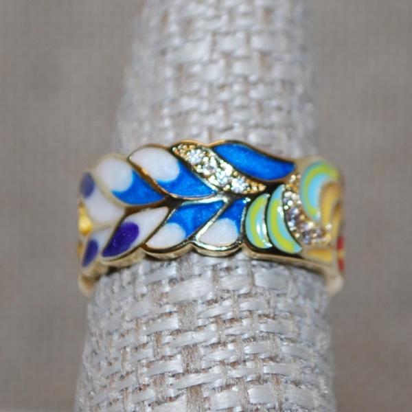 Photo of Size 7 Very Colorful Enamel Style Ring on a Gold Tone Band (5.5g)