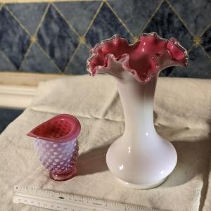 Photo of Vintage Fenton Peach Crest Vase, Cranberry Opalescent Hobnail Bud Vase