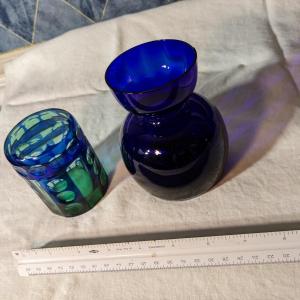 Photo of Vintage Cobalt Blue Vase, Bohemian Blue/Green Cup with Lid