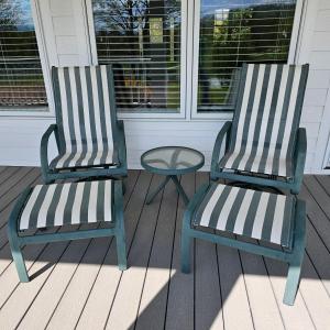 Photo of Tropitone Green/White Patio Rockers, Foot Stools & Table (OP-JS)