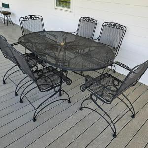 Photo of Black Oval Wrought Iron Patio Table + Six Chairs (OP-JS)