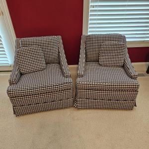 Photo of Pair of Matching Blue Check Fabric Rolling Armchairs (P-JS)