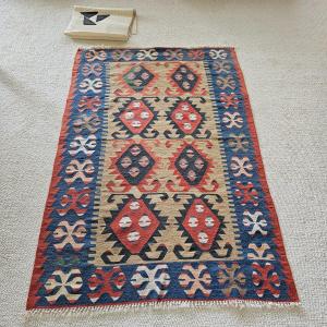 Photo of Tan/Red/Blue Area Rug & Pad (K-JS)