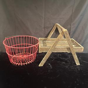 Photo of Wooden Strawberry Basket Carrier & Metal Egg Basket (BS-MG)