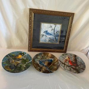 Photo of Framed Bird Art & Knowles Collectible Plates (E-MG)