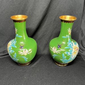 Photo of Matching Green Cloisonne Vases