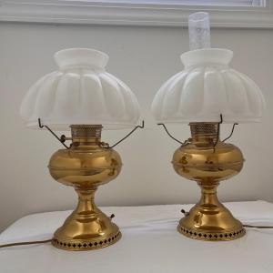 Photo of Two Brass Lamps w/ Milk Glass Shades (UB3-DZ)