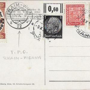Photo of Znaim-Vienna TPO postmarked postcard with Third Reich stamps