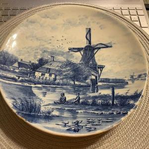 Photo of Antique Dutch Early Windmill Blue/White Plate 9-1/2" Diameter in Fair-Good Preow