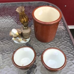 Photo of Redware Pottery Beater Jar 2 Dip Bowls Eagle Lantern
