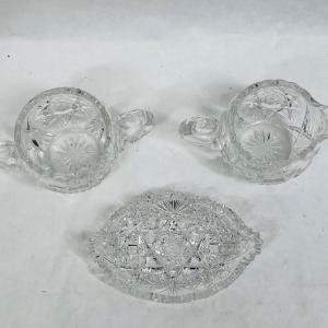 Photo of American Brilliant Cut Glass Cream & Sugar with small Serving Dish saw tooth edg