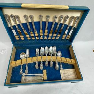 Photo of Towle Old Master Sterling USA flatware in turquoise & cream wood chest 62 pieces