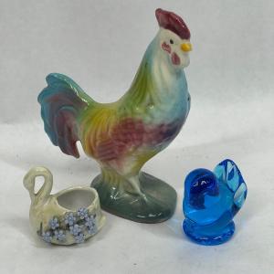 Photo of Bird lot Colorful Rooster, Glass Blue Bird, Small Swan Trinket Holder