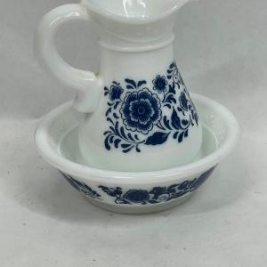 Photo of Miniature 5” tall Avon pitcher and bowl bathing set Cobalt blue pattern on whi