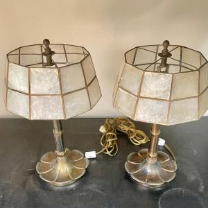 Photo of Tiffany Style Bronze Nightstand Lamps with Capiz Shell Shades and unique petal-l