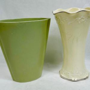 Photo of lot of 2 Ceramic Vases - spruce green and ivory with gold trim