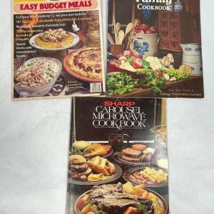 Photo of 3 Vintage Cookbook Magazine/Softcover Books 70's era Family Circle, Sharp Microw