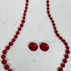 Photo of Vintage Red Beaded Necklace and Cliip-on Earrings