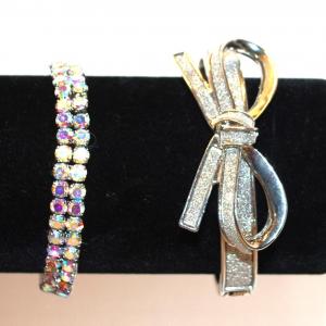 Photo of 2 Bracelets - 1 Iridescent Expandable (6") & 1 Bow-Style Cuff (5") Glittery Silv