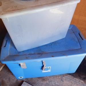 Photo of 2 STORAGE TOTES AND A TUB WITH HANDLES