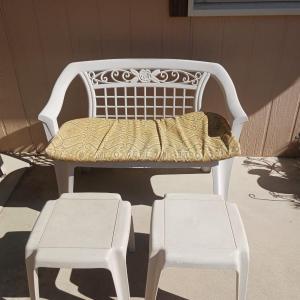 Photo of PLASTIC PATIO BENCH AND 2 PLASTIC TABLES