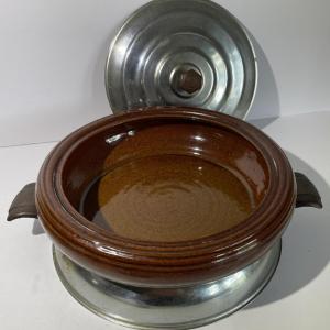 Photo of Antique Brown Betty Vintage Round Bowl Oven Proof 10.5" Diameter w/Stand & Cover