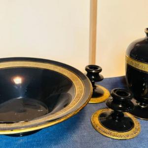 Photo of Art Nouveau Gilt Black Glass Candlesticks with Matching Centerpiece Bowl and Vas