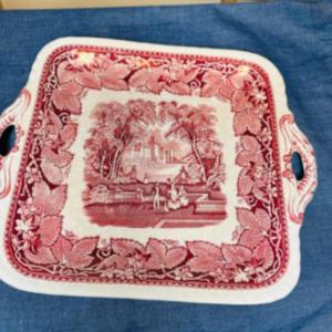 Photo of Masons Vista Red Pink Square Cake Pastry Ironstone Plate with Handles
