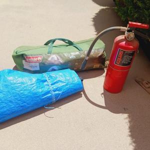 Photo of COLEMAN 5 PERSON TENT, BLUE TARP AND FIRE EXTINGUISHER