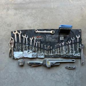 Photo of WRENCHES, PIPE WRENCH, VISE GRIPS, CRESCENT WRENCH, UTILITY KNIFE AND TAPE MEASU