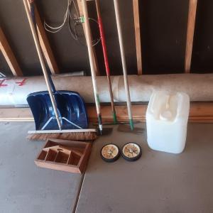 Photo of YARD TOOLS, WOODEN HARDWARE BOX AND 5 GALLON CONTAINER