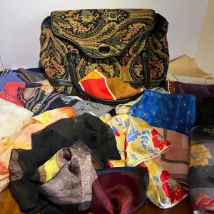 Photo of Big Bag Lot of Vintage Silk Scarfs, Bandanas, Etc. Packed in a Jaclyn Needlepoin