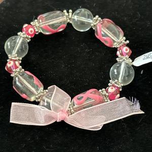 Photo of Silver-tone Clear Pink Ribbon Hearts White Women's Fashion Stretch Bracelet NWOT