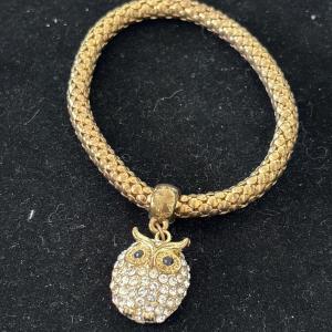 Photo of Gold & Rhinestone Owl Charm Bracelet. stretches-one Size Fits All
