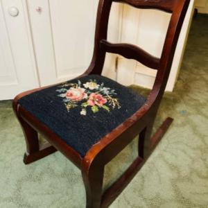 Photo of Children's Vintage Duncan Phyfe Rose Mahogany Rocking Chair with Needlepoint Sea