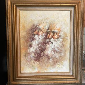 Photo of VINTAGE HUNTER SIGNED ABSTRACT DOUBLE SANTA FACES OIL/ACRYLIC ON CANVAS PAINTING
