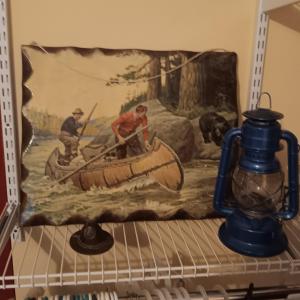 Photo of VINTAGE DECOUPAGE PICTURE, DIETZ NO 30 LANTERN AND CAST IRON SCOUTING HAT