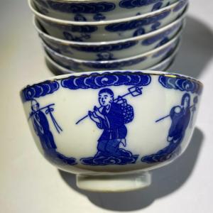 Photo of 10 Vintage/Antique Chinese Immortal Blue/White Porcelain Rice Bowls 4" Diameter 