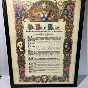 Photo of Vintage Bill of Rights Framed Lithograph 13" x 16.5" in Good Preowned Condition.