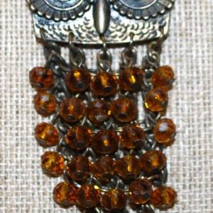 Photo of Large Bronze Style Owl PENDANT (3" x 1½") with Amber Dangles on a Dark Necklace