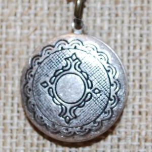 Photo of Graphic Designed Round Silver Tone Locket PENDANT (¾" Diam.) on a Dark Necklace
