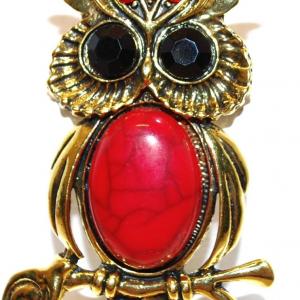 Photo of Beautiful Red & Black Owl PIN 3" x 2" with Gold Tone Accents