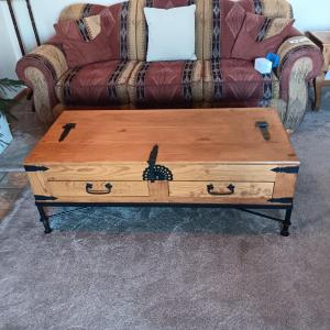 Photo of RUSTIC STYLE COFFEE TABLE W/IRON BASE & HARDWARE. 2 DRAWERS AND LIFT TOP FOR STO