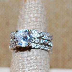 Photo of Size 7+7¼ Silver Tone 3 Ring Set Stackable or Individual Engagement Style on Si