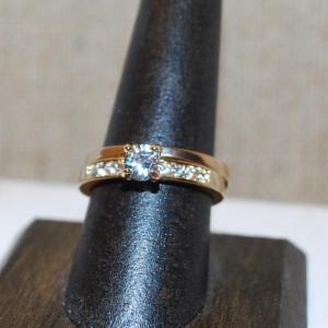 Photo of Size 8+8¼ 2 Gold Tone Ring Set with Round Single Stone & Accents on Both Rings-