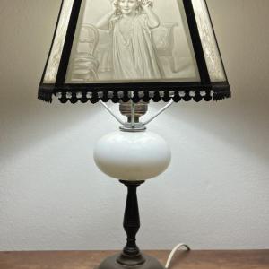 Photo of Antique Scarce Lithophane Slag Glass Lamp c1870's in VG Preowned Condition as Pi