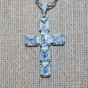 Photo of 6 Emerald Cut Clear Stone Cross PENDANT (1¾" x 1") on a Silver Tone Rope Style 