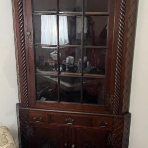 Photo of Antique Corner Cabinet Curio Wall Unit 82" Tall x 42" Base in VG Preowned Condit