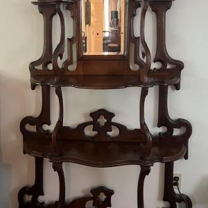 Photo of Antique Beveled Glass Mirror Wooden Wall Unit 74" Tall x 48" Base in VG Preowned
